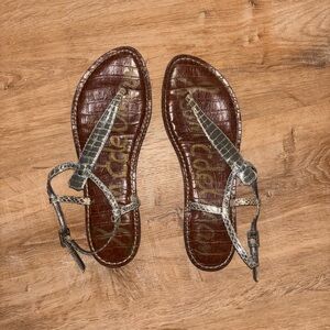 Sam Edelman Brown Croc-Embossed Thong Sandals with Snake-Print Straps